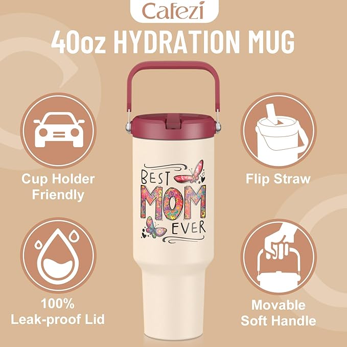 Gifts for Mom, Mothers Day Gifts from Daughter or Son, Mom Gifts - Happy Birthday, Christmas, Mother's Day Gift - 40 oz Tumbler with Handle and Straw (Butterfly)