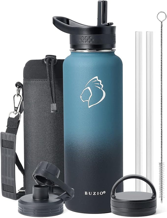 BUZIO Water Bottle with Straw lid, Spout Lid, Hand Lid and Carrying Pouch, 32oz 40oz 64oz Stainless Steel Water Flask Jug, Cold for 48 Hrs Hot for 24 Hrs Double Vacuum Thermo Canteen Mug, BPA-Free