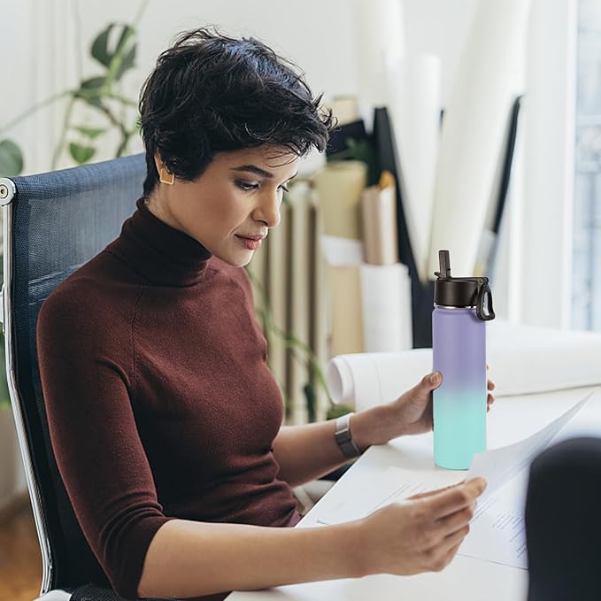 Volhoply 24oz Insulated Water Bottle With Straw Bulk 6 Pack,Metal Wide Mouth Water Bottles With Handle Keep Cold,Reusable Double Wall Thermos,Powder Coated Sport Bottle For Holder(Purple Blue,6 Count)