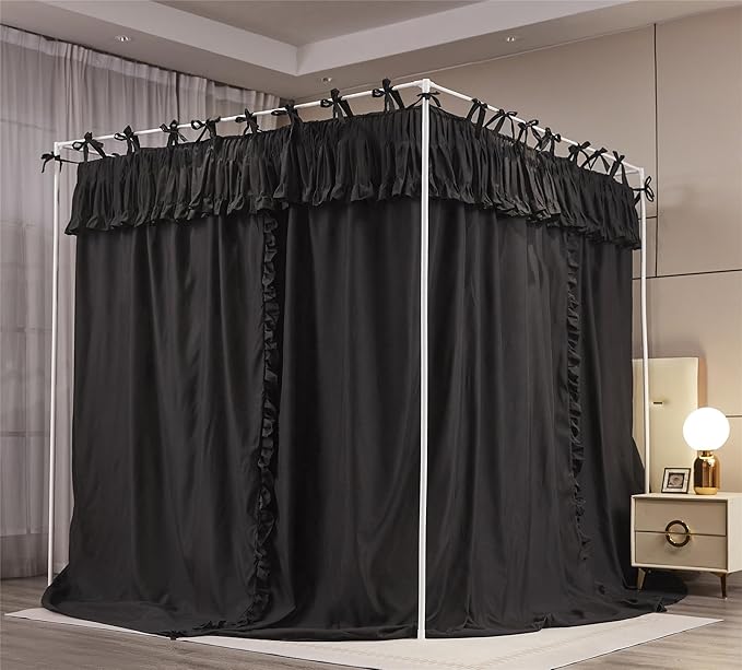 4 Corners Post Princess Ruffle Curtain Bed Canopy Lace Up Elastic Cozy Breathable Tent Mosquito Net for Girls Bedroom Decoration(Black, 47-53" W*78" L*82"*H/Full)