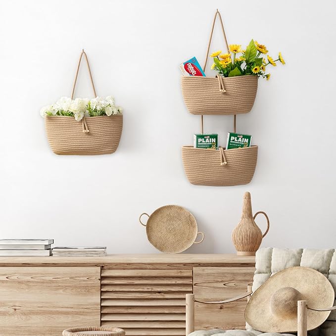 TeoKJ 3-Tier Cotton Rope Baskets with Button Strap Over the Door Wall Hanging Baskets for Nursery, Living Room, Bathroom, Door Storage Organizer for Decoration-Jute