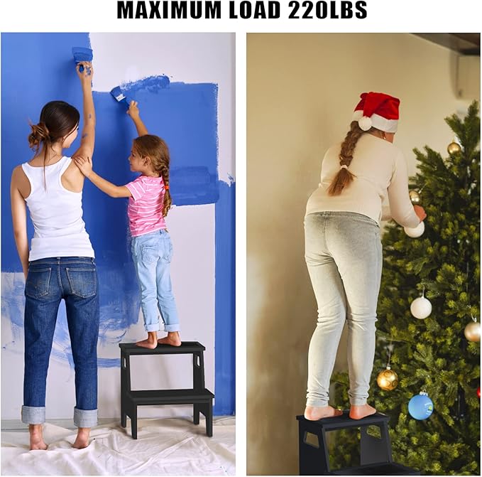 Kids Step Stools for Toddlers Bathroom Wood Toddler Step Stool Kitchen Counter Sink Baby Stepstools Bamboo Wooden Foot Bed Stool for Child Potty Training Toilet Stool Stepping Stool, Black with Pads