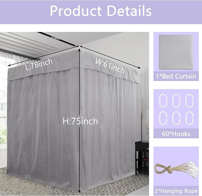 Grey Canopy Bed Curtains - 4 Corner Post Bed Curtains Canopy Queen Bed Canopy Curtains for Adults Girls Bedroom Decoration(Grey, Queen)