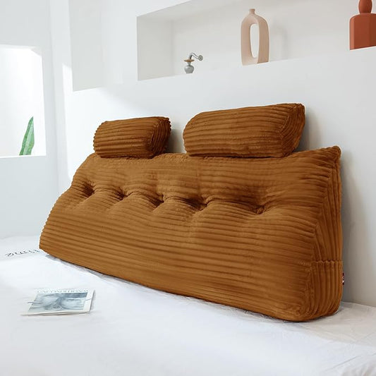 Headboard Wedge Pillow with 2 Pack Neck Roll Pillow Large Headboard Pillow Soft and Supportive Bed Rest Reading Pillows for Sitting in Bed with Removable Cover (Brown, Queen:59x8x20 Inches)