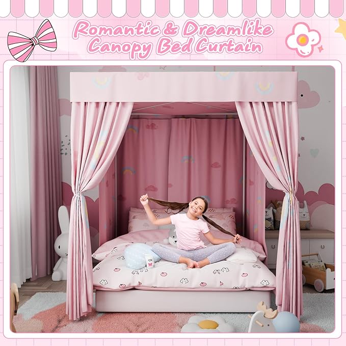Hvqic Pink Canopy Bed Curtains - 4 Corner Post Bed Curtains Lightproof Princess Bed Canopy for Girls Rainbow Canopy Bed Curtains for Kids Room Decor(Twin,Pink-Cloud)