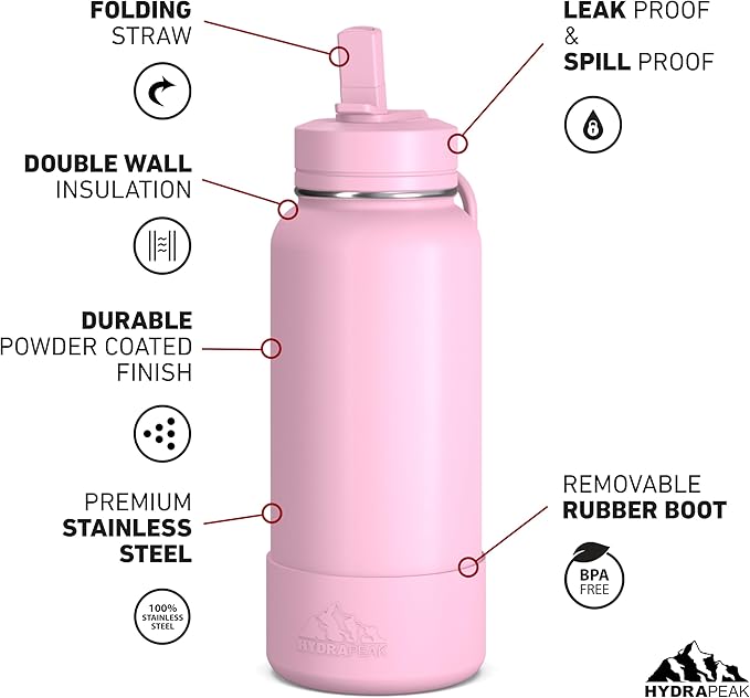 Hydrapeak 32oz Sport Insulated Water Bottle with Straw or Chug Lid, Leak & Spill Proof, Keeps Drinks Cold for 24 Hours, Hot for 12 Hours, Premium Stainless Steel Water Bottles (32oz, Pink)