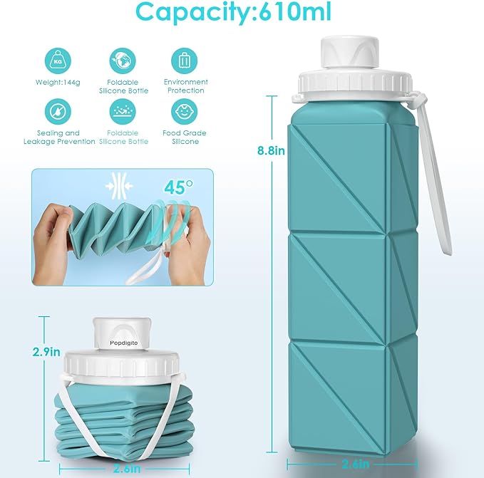 Collapsible Water Bottles,BPA-Free Leak-Proof Silicone Foldable Water Bottle Cup 20.6oz,Durable Lightweight Bottle for Gym Travel Camping Hiking Running (Navy Blue+Green)
