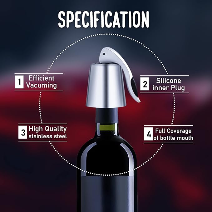Stainless Steel Wine Bottle Stopper, Wine Vacuum Stopper with Silicone Seal, Reusable Wine Saver Plug to Keep Wine Fresh, Leakproof and Airtight Seal Toppers for Bottles 1 Pack
