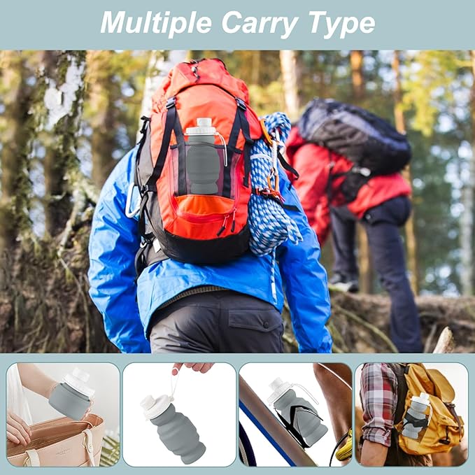 THAIOXYH® Collapsible Water Bottles 11 oz(320ml) Reuseable Foldable Portable BPA Free Silicone Collapsible Water Bottles for Traveling Hiking Camping Sports (grey)…
