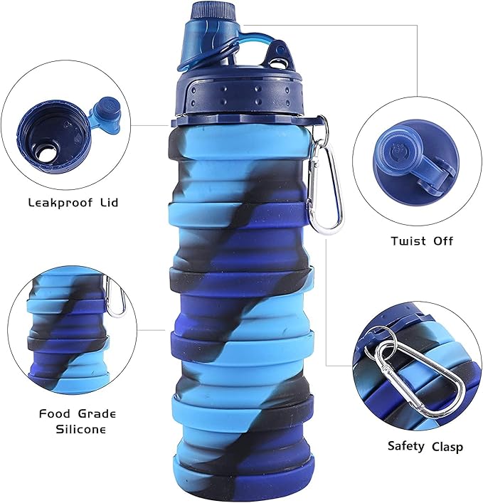 Collapsible Water Bottle Travel Water Bottle Portable Hiking Water Bottle with Leak proof Twist Cap 500ML Reusable BPA Free Silicone Water Bottles (Style1, Blue camouflage)