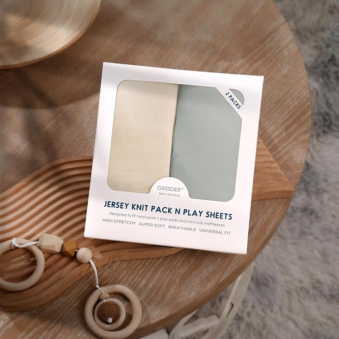 GRSSDER Mini Crib Sheets Fitted, Pack and Play Sheets 2 Pack, Ultra Soft Stretchy Pack N Play Sheets, Universal Fit for Playard Mattress, Jersey Crib Sheets Neutral for Boys and Girls, Beige/Gray