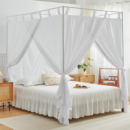 AIKASY White Canopy Bed Curtains with Top Ties and Tie Backs for Bedroom Decoration - Twin Size Bed Curtains with Windproof and Lightproof Features