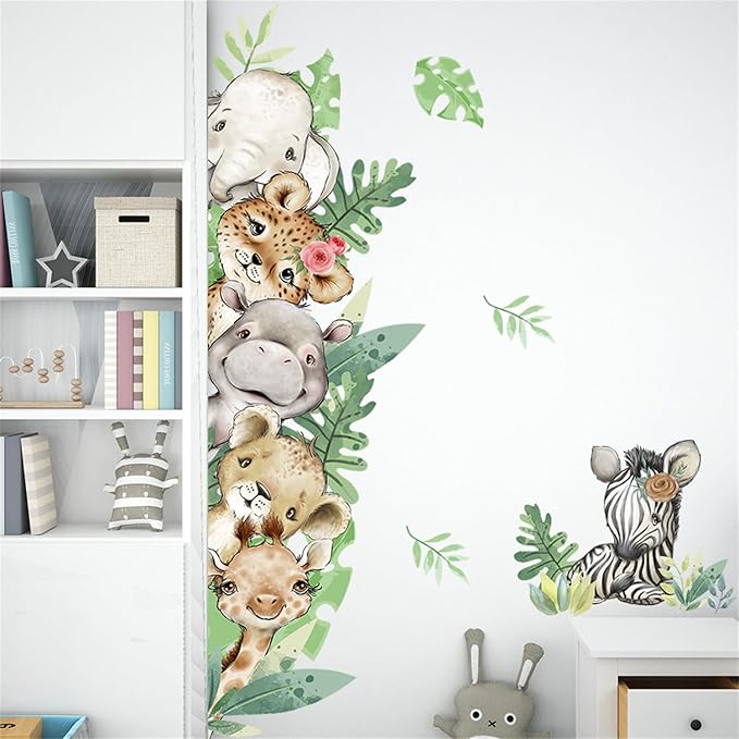 Jungle Animals with Tree Plant Wall Decals Monkey Lion Tiger Wall Stickers Baby Nursery Kids Room Living Room Home Decor (Animal2)