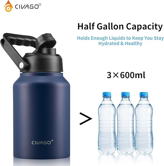 CIVAGO Half Gallon Insulated Water Bottle Jug with Straw, 64 oz Large Stainless Steel Sports Metal Water Flask with Handle, Big Thermal Water Cup Mug with 2 Lids for Camping & Fishing, Navy Blue