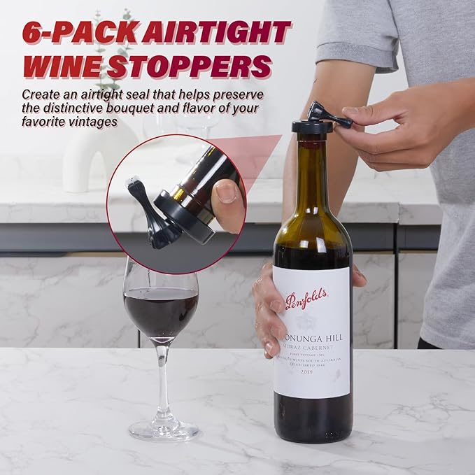 Wine Stopper,6 Pack Wine Stoppers for Wine Bottles,Plastic Vacuum Wine Bottle Stopper Wine Saver with Airtight Seal,Keep Wine Fresh Wine Bottle Sealer Set