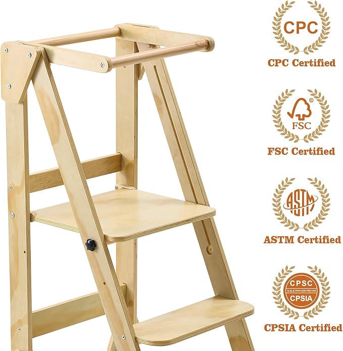 Folding Toddler Step Stool, Wooden Montessori Toddler Tower, Kitchen Tower, Kids Step Stool Toddler Tower for Toddlers and Kids 2-6 Years.