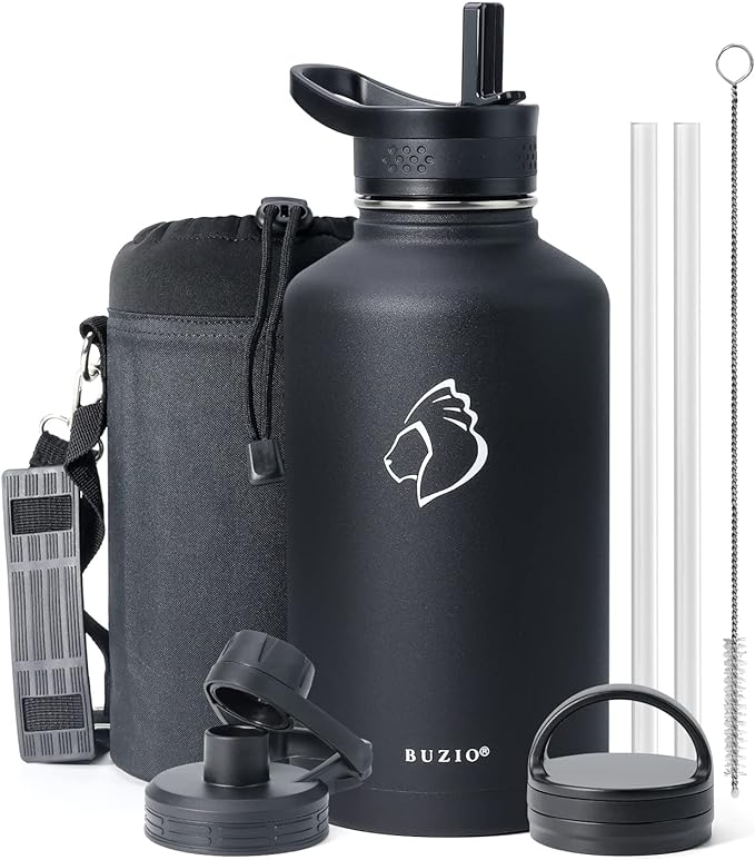 BUZIO Water Bottle with Straw lid, Spout Lid, Hand Lid and Carrying Pouch, 32oz 40oz 64oz Stainless Steel Water Flask Jug, Cold for 48 Hrs Hot for 24 Hrs Double Vacuum Thermo Canteen Mug, BPA-Free