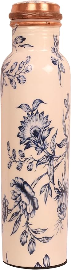 Pure Copper Water Bottle - Handcrafted - Ayurveda health benefits - Large 35 oz - Leak proof - Easy to carry for Sports, Fitness, Yoga, School - White Base Petals Vines Motifs Enamel
