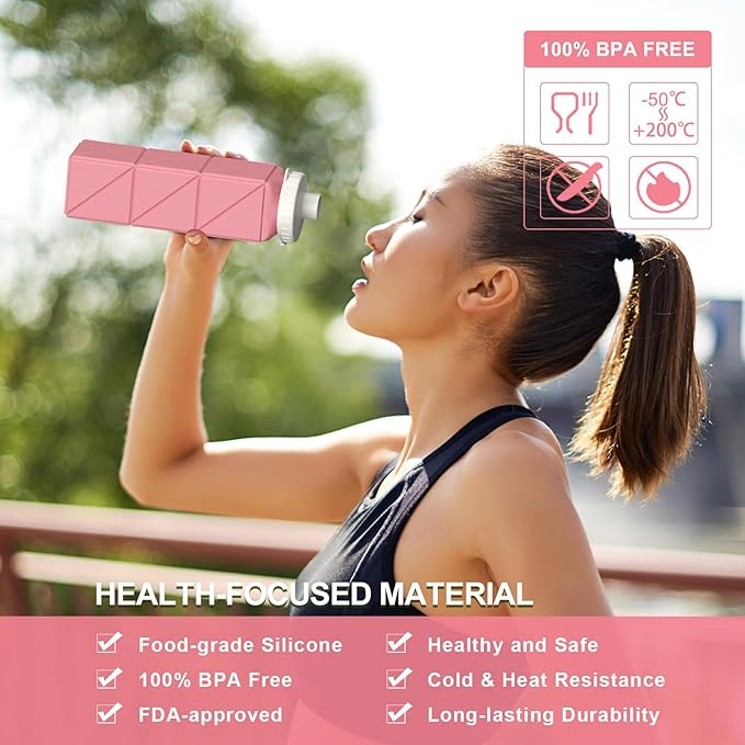 Collapsible Water Bottles, Silicone Foldable Portable Water Bottle 610ml, Lightweight Reusable Leakproof for Sports and Outdoor, 1 Pack (Pink)