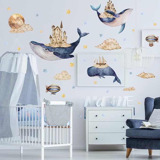 Cartoon Animals Wall Stickers for Kids Bedroom Nursery, Whale Wall Decals, Blue