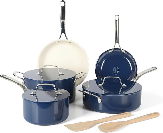 Martha Stewart Galway Premium Nonstick PFA Free Ceramic Interior 10 Piece Heavy Gauge Enamel Aluminum Pots and Pans Cookware Set W/Aluminum Lids - Navy Blue