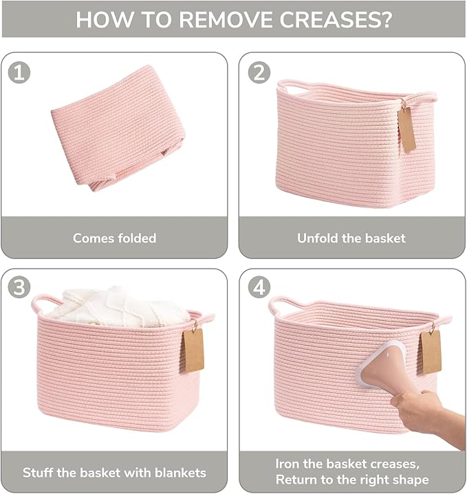 Goodpick Woven Storage Basket for Shelves, Small Baskets for Organizing, Rectangle Baby Nursery basket, Towel Baskets for Bathroom, Living Room, 13 x 10 x 9 Inches, Light Pink