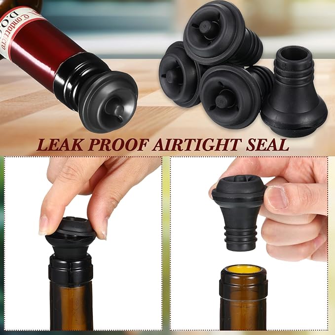 Honoson Wine Stopper Resealable Wine Pump Vacuum Stoppers Vacuum Wine Stopper Silicone Wine Saver Stoppers Practical Wine Saver Stoppers for Kitchen Supplies Wine Bottle Tools (Black,12 Pieces)