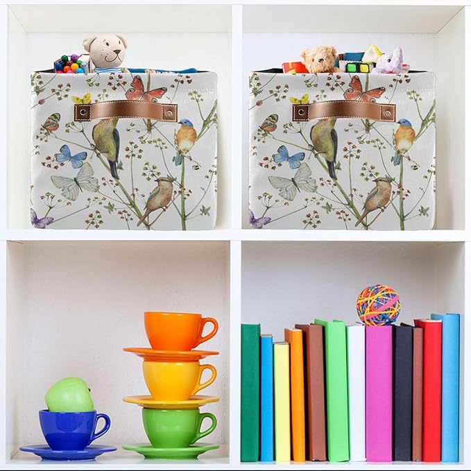 Watercolor Bird Butterfly Storage Basket Bin for Shelves Closet Vintage Foldable Fabric Storage Box Cube with Handles Kids Gifts Toys Cloth Shelf Basket Organizer for Bedroom Nursery Home Decor