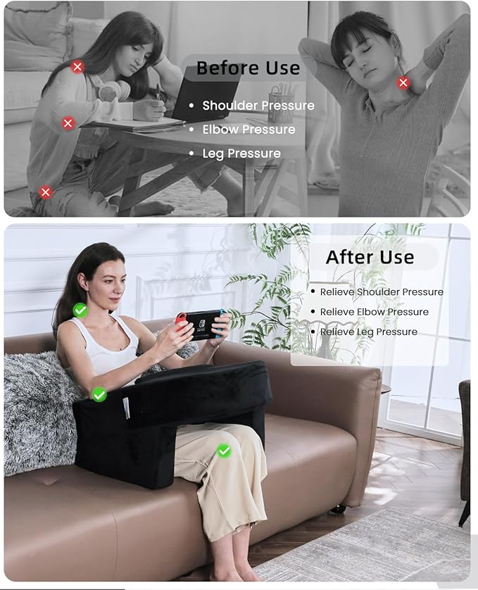 Weighted Idea Reading Pillow for Gaming, Extra Large Arm Rest Pillow for Adult,Lap Desk Pillow Gaming Pillow with 2 Side Pockets for Gaming, Reading, Working Sitting in Bed Floor Sofa (Black)
