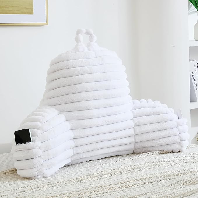 Faux Fur Fluffy White Reading Pillow with Pockets, Luxury Striped Plush Decorative, Arm Rests and Back Surport for Bed Rest, Lounging on sofa, Large