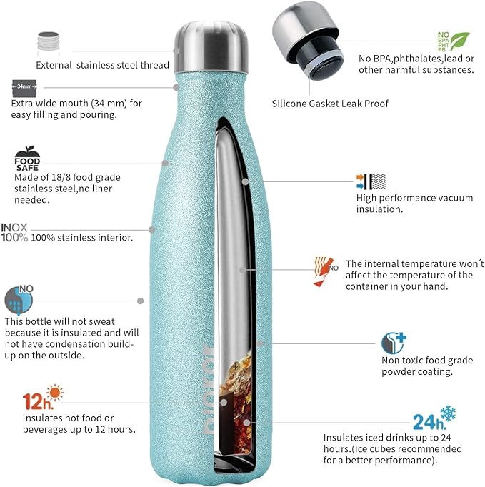BJPKPK Insulated Water Bottles -17oz/500ml -Stainless Steel Water Bottles,Sports Water Bottles Keep Cold for 24 Hours and Hot for 12 Hours,BPA Free Water Bottle,Glitter Ice Blue