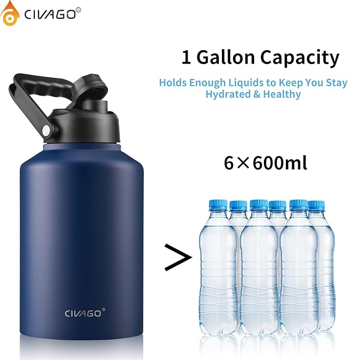 CIVAGO Gallon Insulated Water Bottle Jug with Straw, 128 oz Large Stainless Steel Sports Metal Water Canteen with Handle, Big Thermal Water Cup Mug with 2 Lids for Camping & Fishing, Lavender