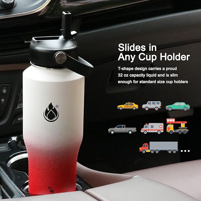 SENDESTAR Water Bottle 32oz,2 Lids(Straw lid),Wide Mouth Stainless Steel Vacuum Insulated Double Wall Keep Liquids Cold or Hot All Day,Sweat Proof Sport Design,Fit Car Cup Holder(White&Rose Red)