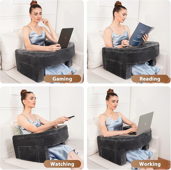 Gaming Pillow,Memory Foam Reading Pillow,Arm Rest Pillow with Side Pocket,Soft Lap Desk Pillow for Adult, Bed Rest Pillow for Reading, Working, Gaming
