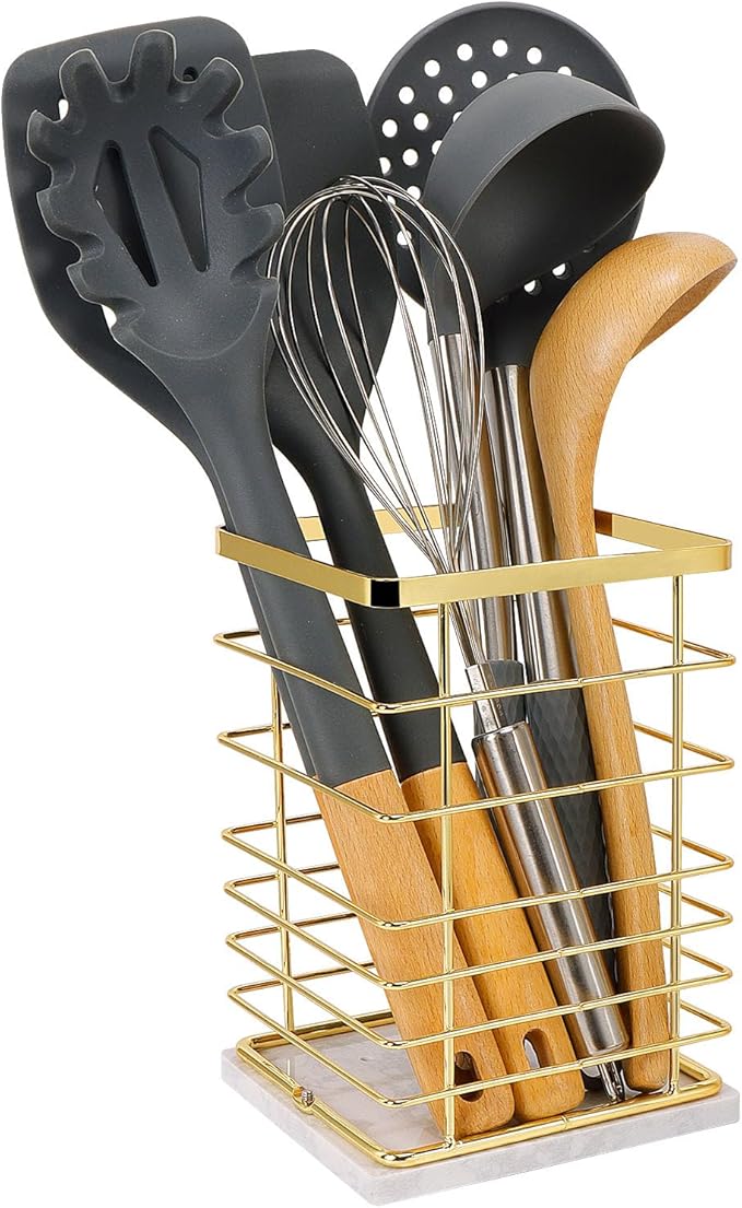 Square Kitchen Utensil Holder, Sturdy Metal Rack for Countertop Storage, Cooking Tools Organizer with Drainage Hole, Stylish Utensil Caddy for Effortless Kitchen Organization, with Marble Base