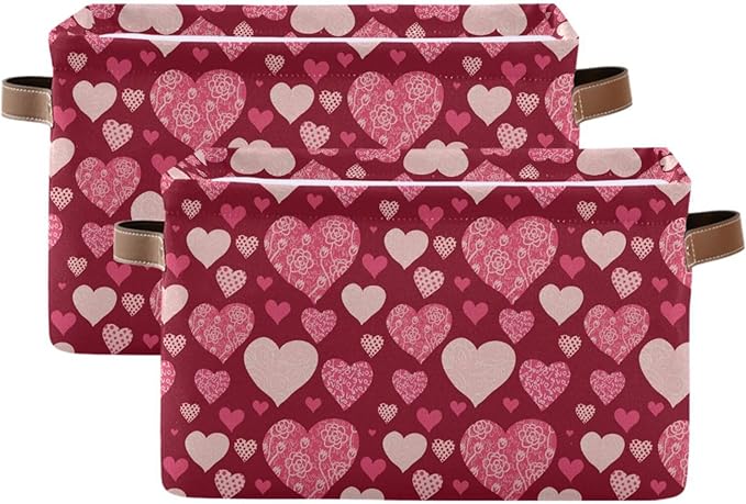 Happy Valentine's Day Storage Basket Fabric Kitchen Baskets Valentines Pink Purple Love Heart Open Home Storage Bins Boxes Foldable Organizer Bag Cloth Toy Book Shelf Closet Baskets 16×12×8 Inches