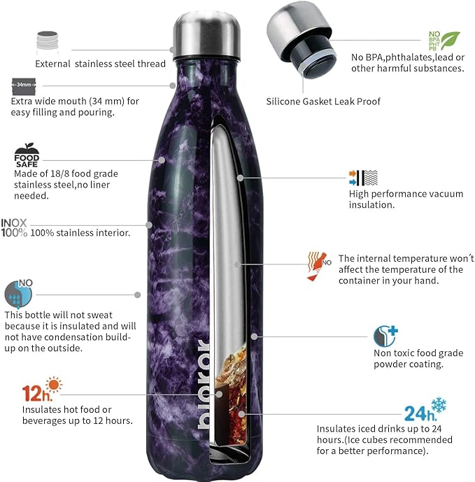 BJPKPK Stainless Steel Water Bottles -25oz/750ml -Insulated Water Bottles,Sports Water Bottles Keep Cold for 24 Hours and Hot for 12 Hours,Metal Travel Water Bottle,Marble Thunder