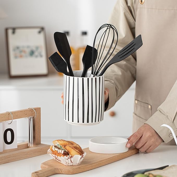 Small Utensil Holder for Kitchen Counter 4.1 x 6 Inches Ceramic Cooking Utensil Crocks Countertop Organizer Vintage Farmhouse Kitchen Decor Caddy,Stripe