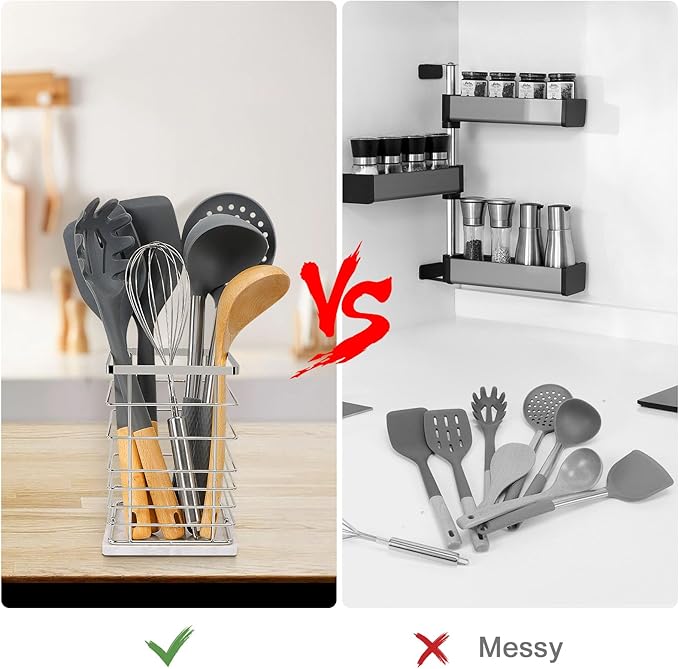 Square Kitchen Utensil Holder, Sturdy Metal Rack for Countertop Storage, Cooking Tools Organizer with Drainage Hole, Stylish Utensil Caddy for Effortless Kitchen Organization, with Marble Base