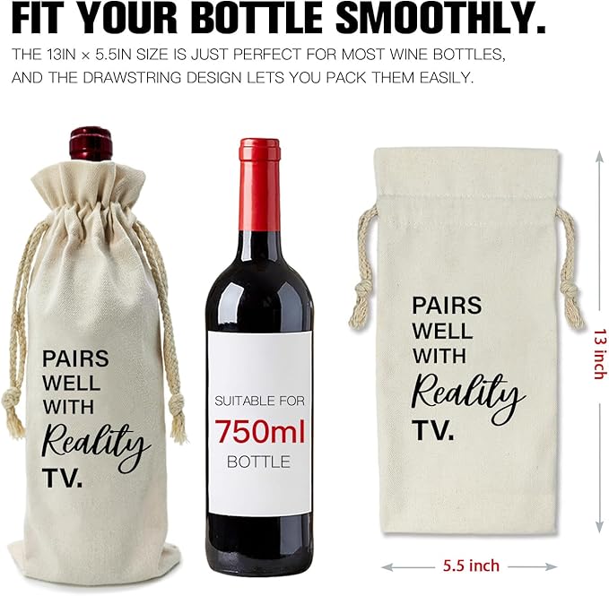 ZHANTUONE,Pairs Well With Really TV,Funny Birthday Gift Ideas Wine Bag,Drawstring Polyester Cotton Cloth Wine Bag,For Friend Boss Teacher Wine Lovers Reusable Wine Wrap Bag,13IN