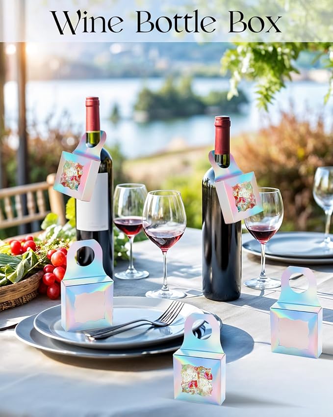 Megitzuu 20 PCS Wine Bottle Box with Clear Window, Hanging Wine Gift Box, Wine Bottle Tag Box for Gift, Wine Bottle Treat Box, Bottle Hanger Favor Box for Sweets, Cookies, Snack (Holographic Silver)