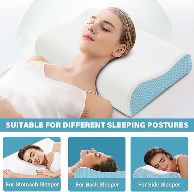 2 Pack Memory Foam Cooling Bed Pillows for Sleeping, Ergonomic Cervical Pillow for Neck and Shoulder Pain Relief, Adjustable Cold Pillow Set of 2,with Pillowcase(Blue)