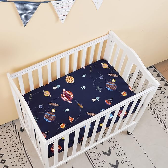 PHF Soft Mini Crib Sheet Set, 2 Pack Silky Comfy Pack N Play Sheets for Boys Girls, Universal Fit for Pack N Play, Playard and Mini Crib Mattresses, Space