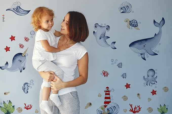 Ocean Wall Decals for Kids by Lipastick - Sea Kids Wall Stickers - Creative Nursery Wall Decal for Children β Nautical Vinyl Wall Decal Whale Shark Octopus Turtle Lighthouse S Size