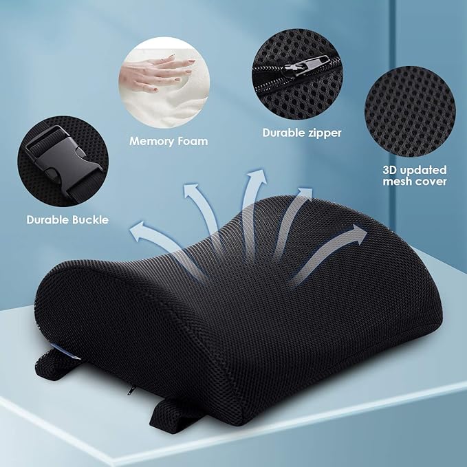 CompuClever Lumbar Support Pillow for Office Chair/Car, Memory Foam Back Cushion Pain Relief and Improve Posture, Lower Back Pillow for Gaming and Desk Chair, Couch, Adjustable Straps