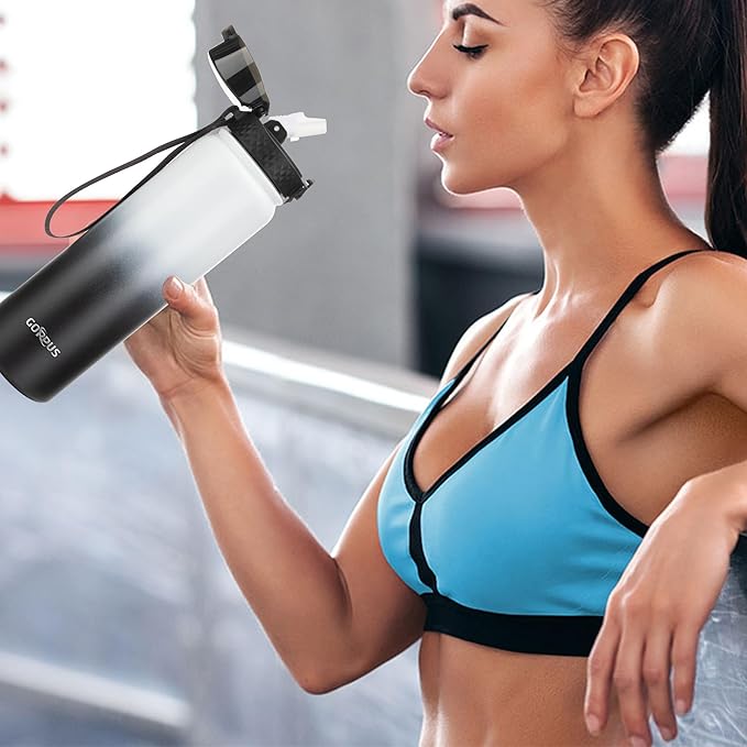 GOPPUS 32 oz Sports Water Bottle 1 Liter Double Wall Insulated Stainless Steel Water Bottles with Straw Lid Reusable Leak proof Metal water bottles with Strap Handle(White Black 1 lid)