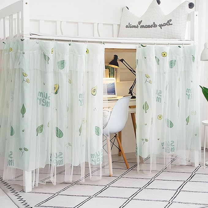 Beautiful Gauze Bunk Bed Curtains Drapes with Lace Privacy Bed Canopy for Bottom, 2 Panels, Avocado