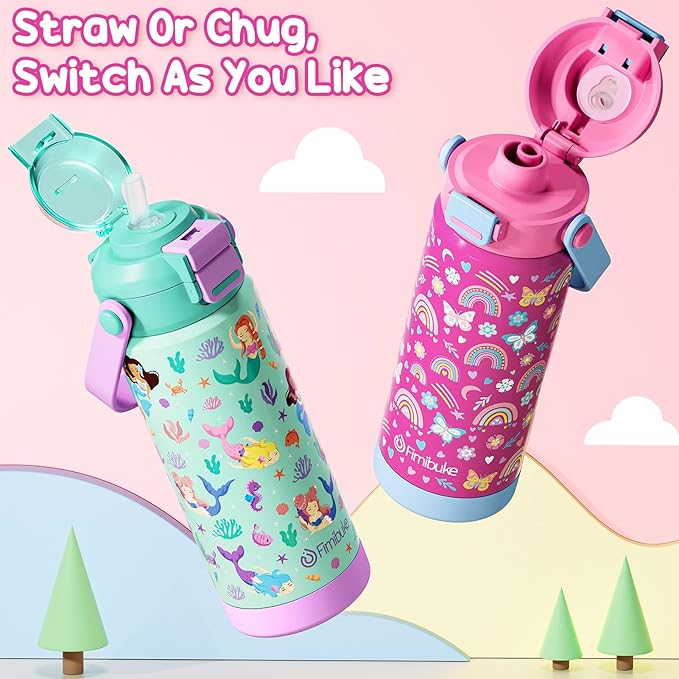 Kids Insulated Water Bottle with Pop-Open Straw & Spout 2-in-1 Lid, 18oz Leak Proof 18/8 Stainless Steel Vacuum Tumbler, BPA-Free Kids Cup For Travel School Boys Girls