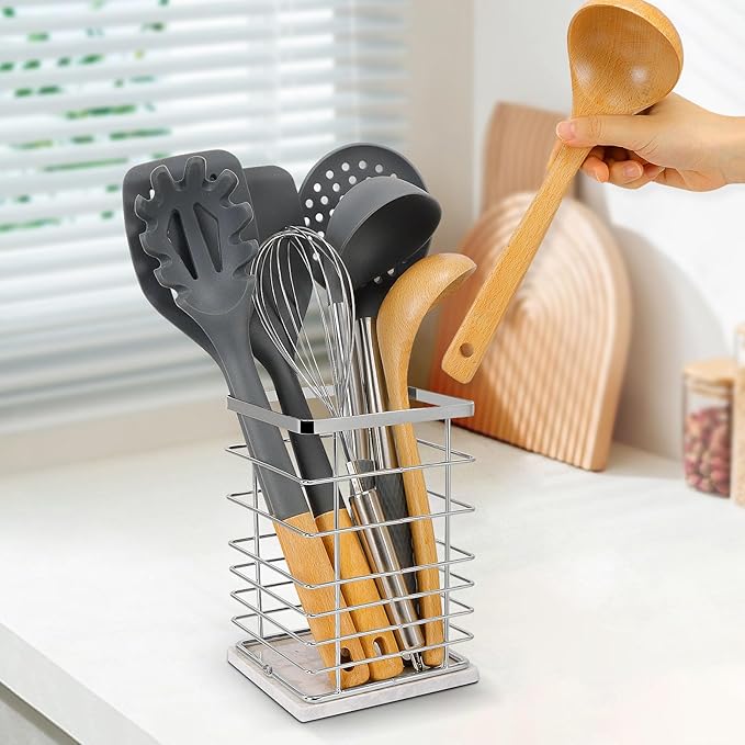 Square Kitchen Utensil Holder, Sturdy Metal Rack for Countertop Storage, Cooking Tools Organizer with Drainage Hole, Stylish Utensil Caddy for Effortless Kitchen Organization, with Marble Base