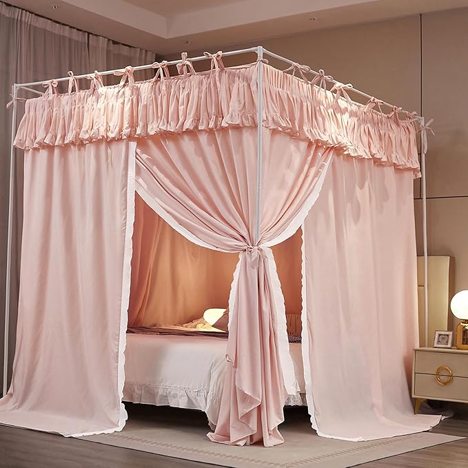 4 Corners Post Princess Ruffle Curtain Bed Canopy Lace Up Elastic Cozy Breathable Tent Mosquito Net for Girls Bedroom Decoration(Pink, 59-64" W*82" L*82" H/Queen)